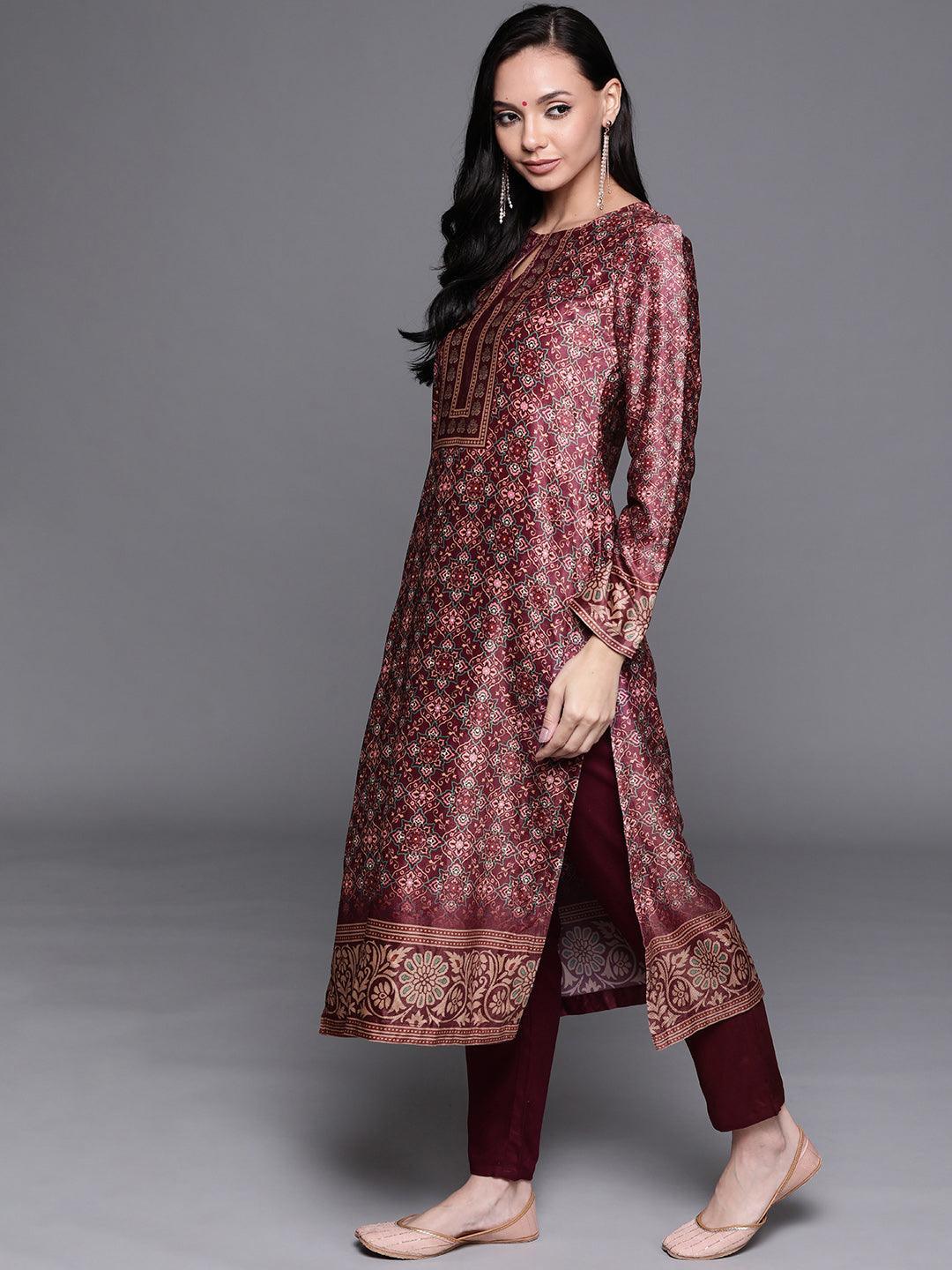 Brown Printed Velvet Suit Set - ShopLibas