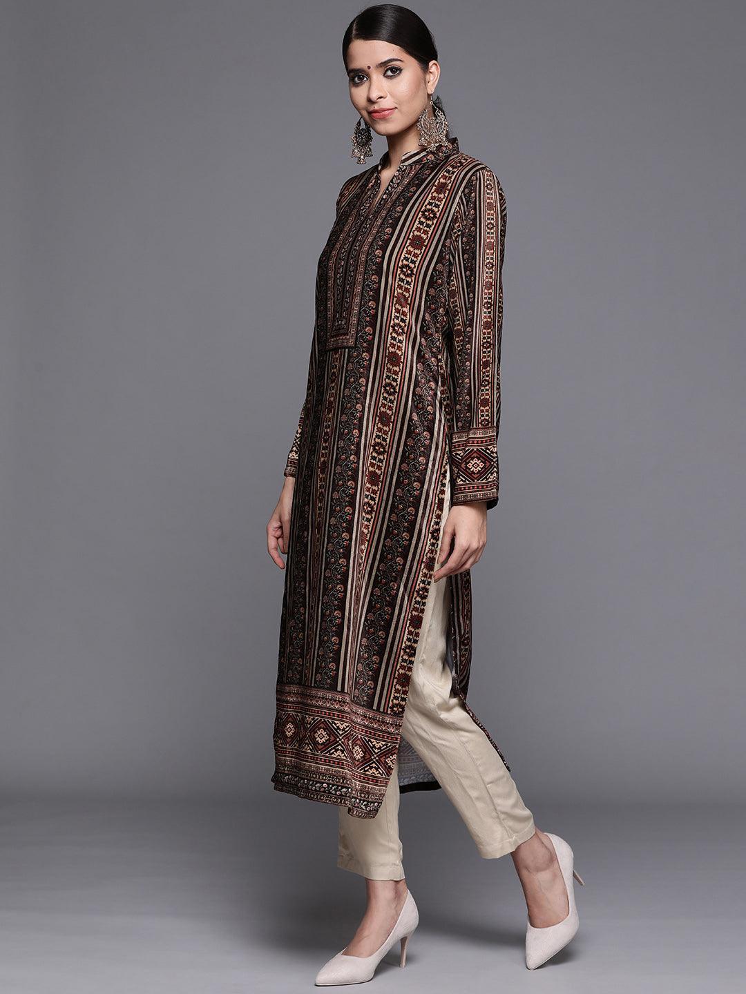 Navy Blue Printed Velvet Suit Set - ShopLibas