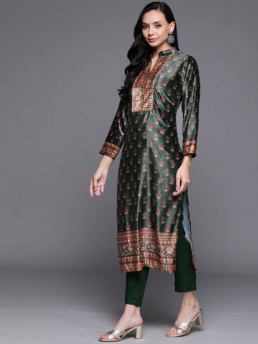 Green Printed Velvet Suit Set - ShopLibas