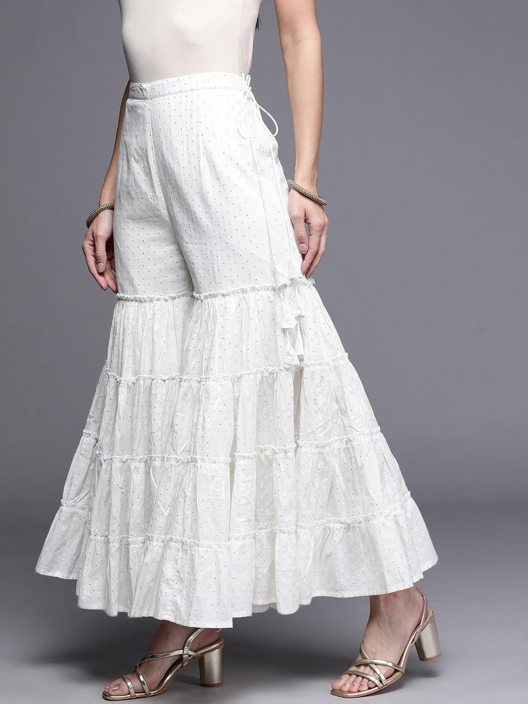 White Self Design Cotton Sharara Pants - ShopLibas