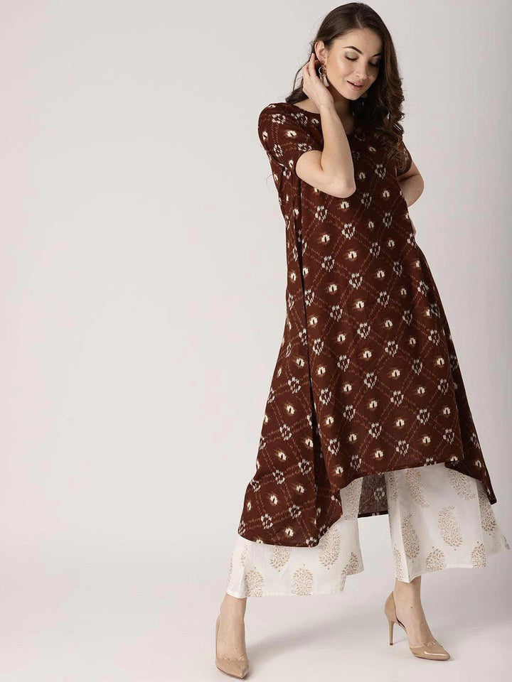 Brown Printed Cotton Kurta