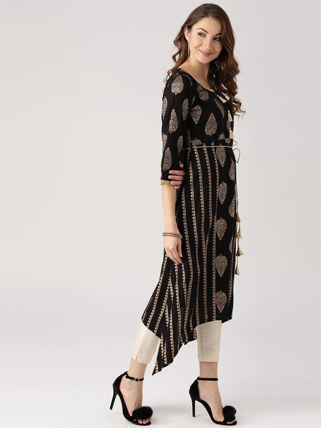 Black Printed Cotton Kurta - ShopLibas