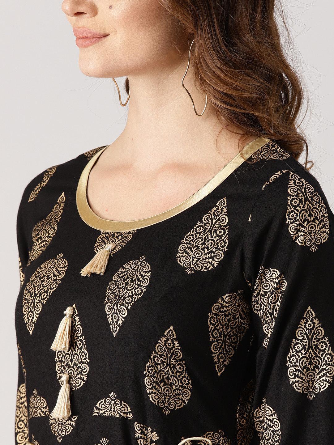 Black Printed Cotton Kurta - ShopLibas