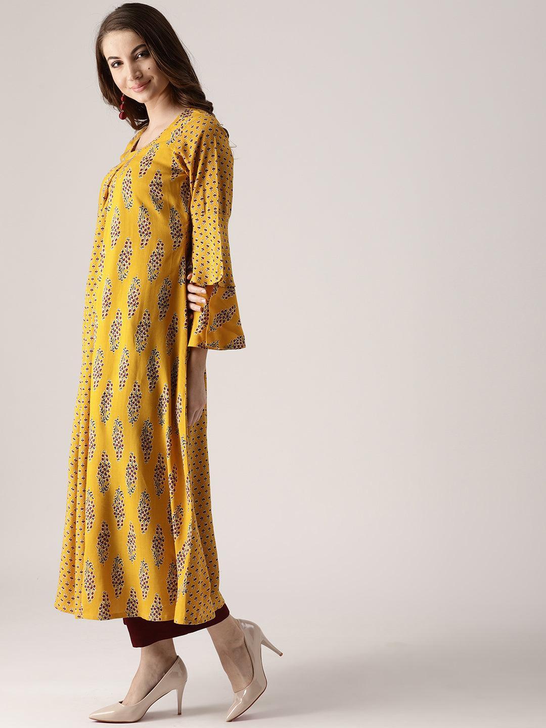 Yellow Printed Rayon Kurta - ShopLibas