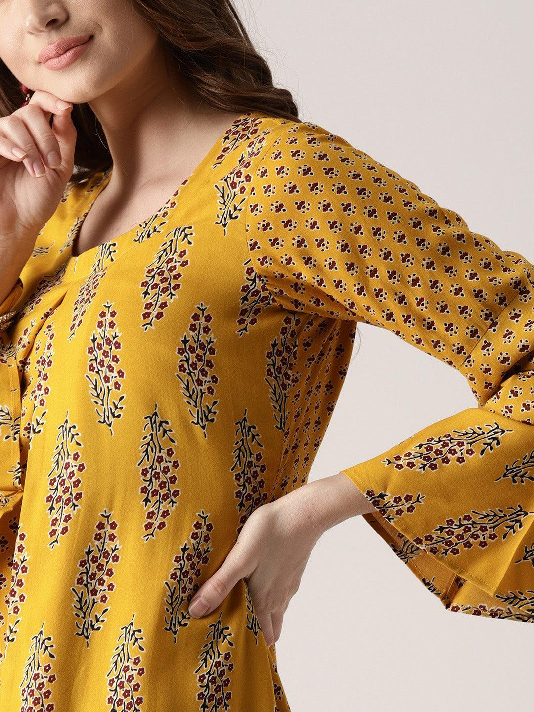 Yellow Printed Rayon Kurta - ShopLibas