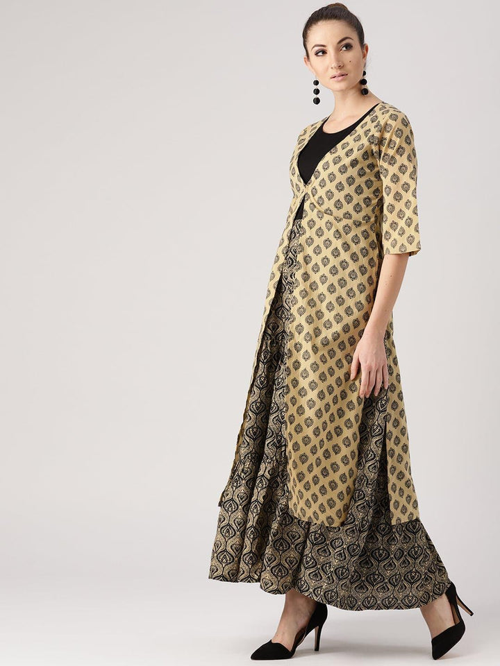 Beige Printed Cotton Kurta With Jacket