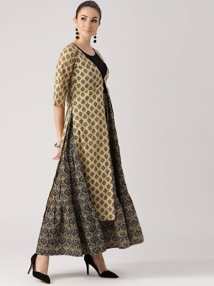 Beige Printed Cotton Kurta With Jacket