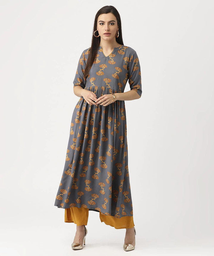 Grey Printed Rayon Kurta