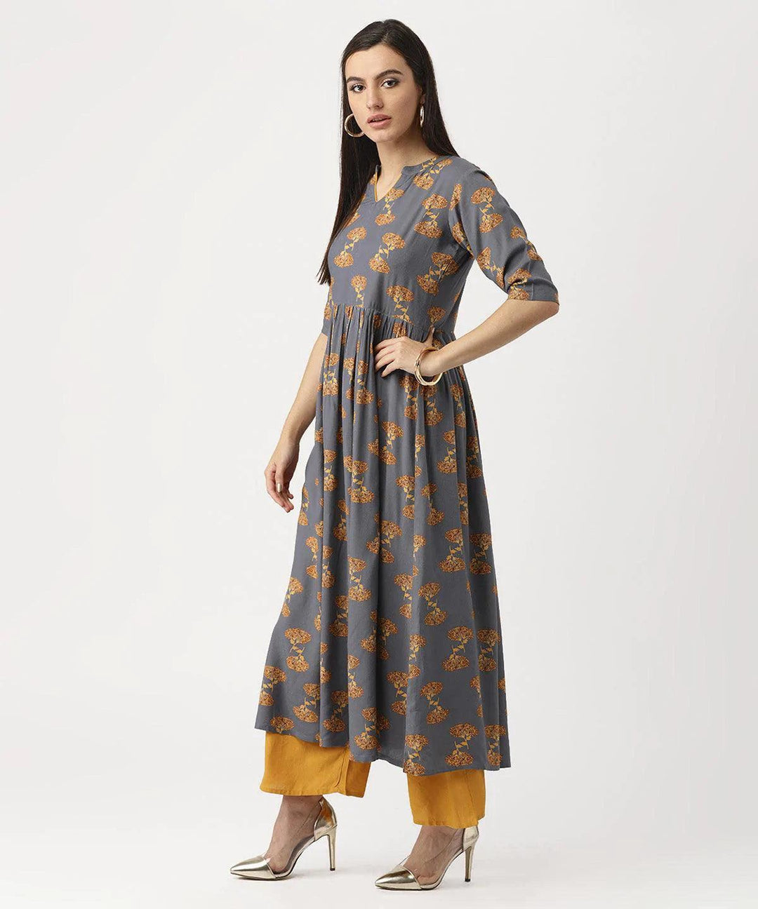 Grey Printed Rayon Kurta - ShopLibas