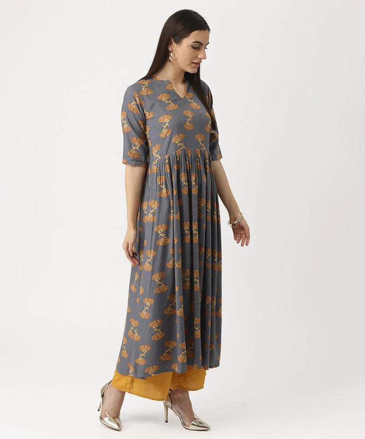 Grey Printed Rayon Kurta