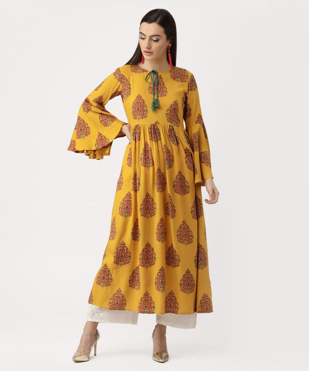 Yellow Printed Rayon Kurta - ShopLibas