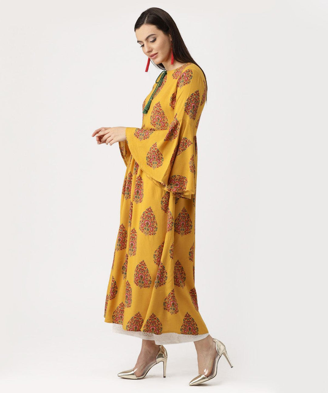 Yellow Printed Rayon Kurta - ShopLibas