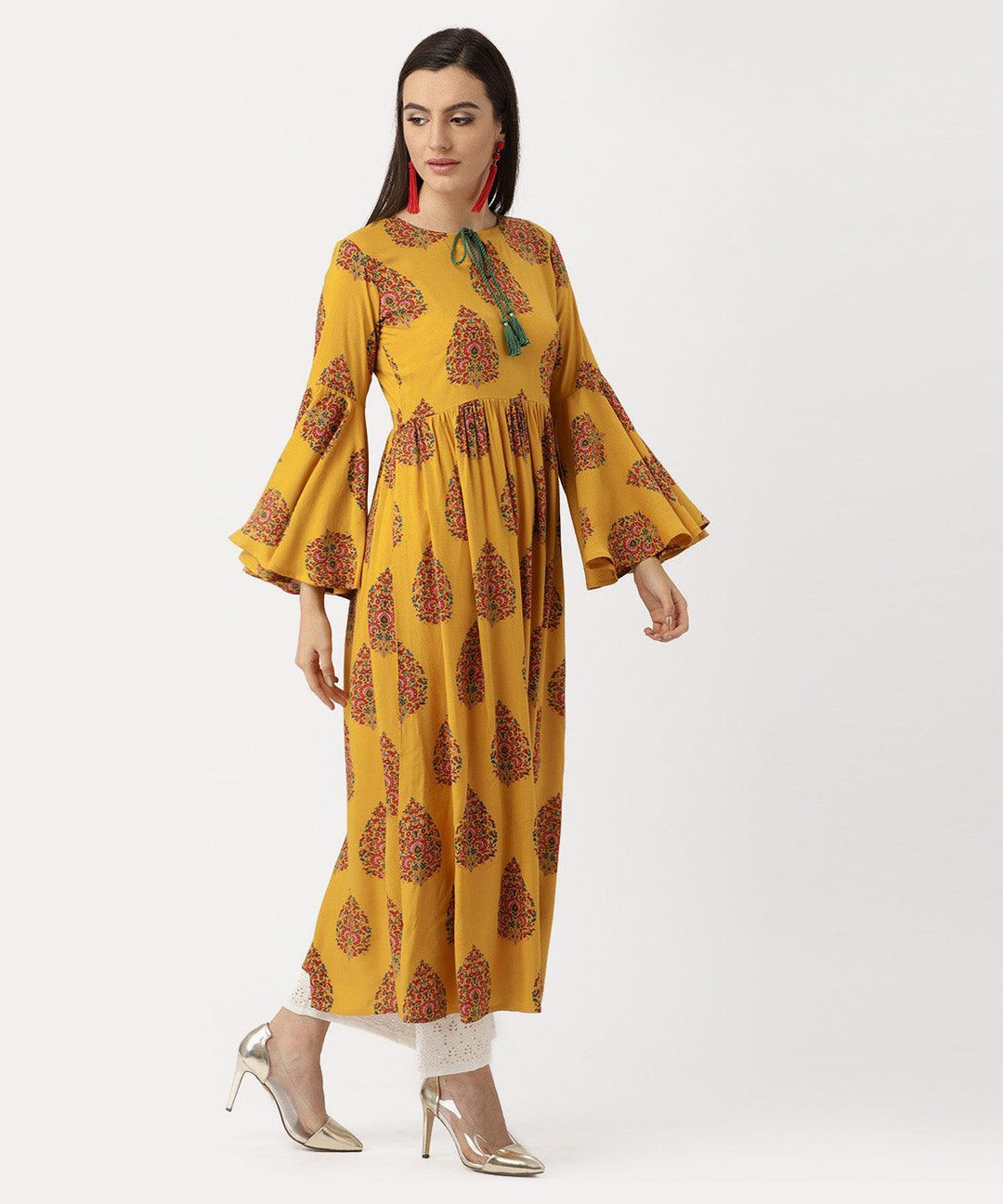 Yellow Printed Rayon Kurta - ShopLibas