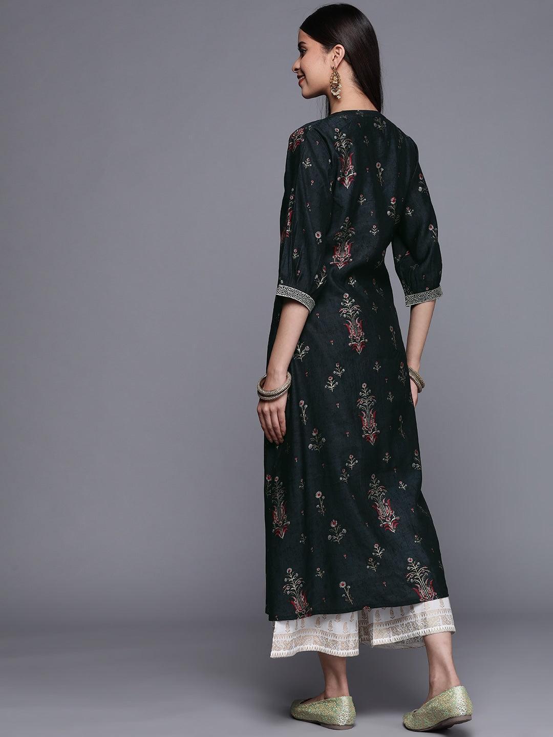 Black Printed Chanderi Silk Kurta - ShopLibas