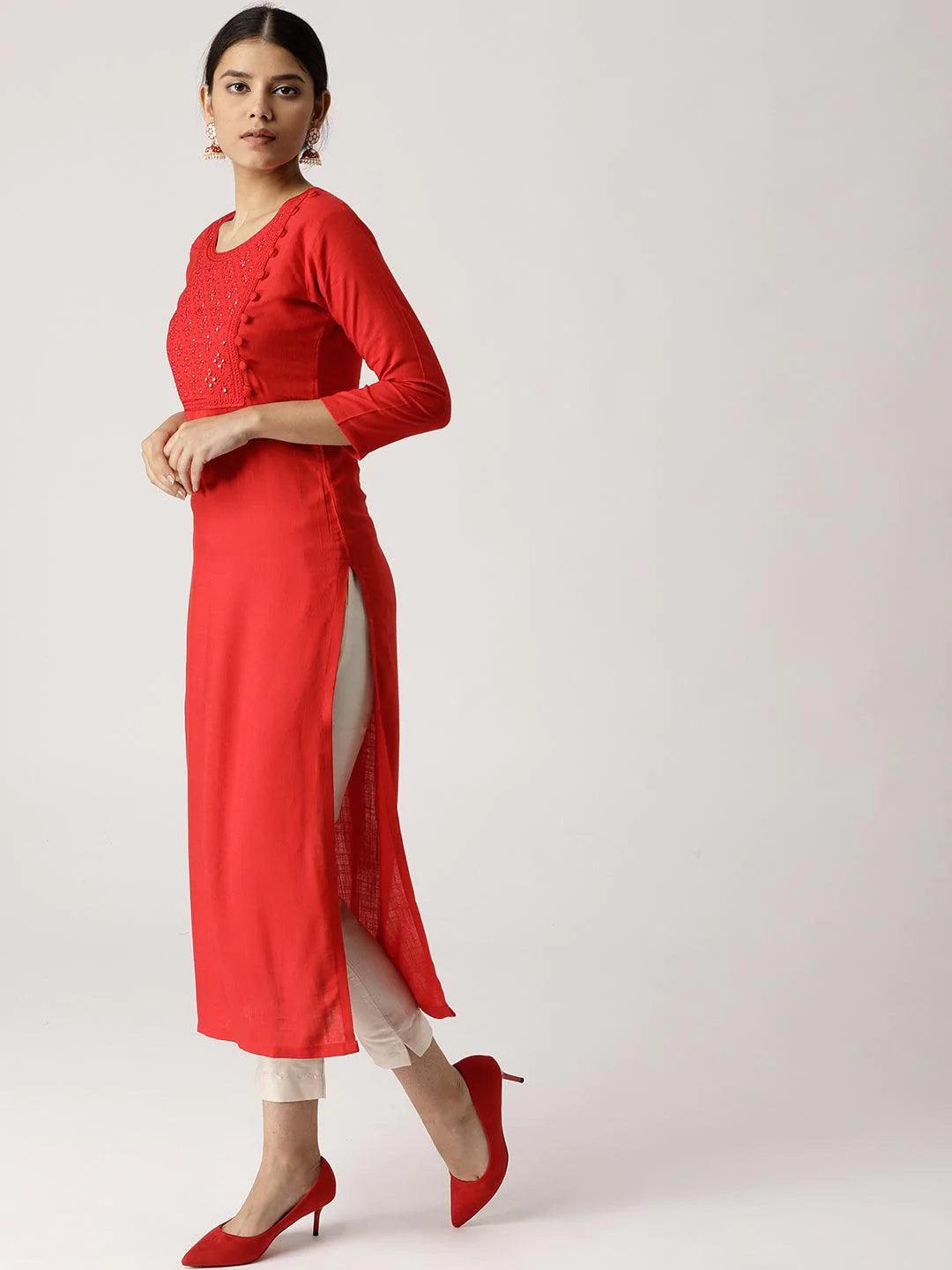 Red Solid Rayon Kurta - ShopLibas