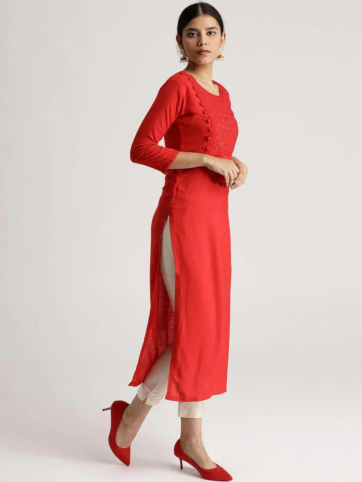 Red Solid Rayon Kurta