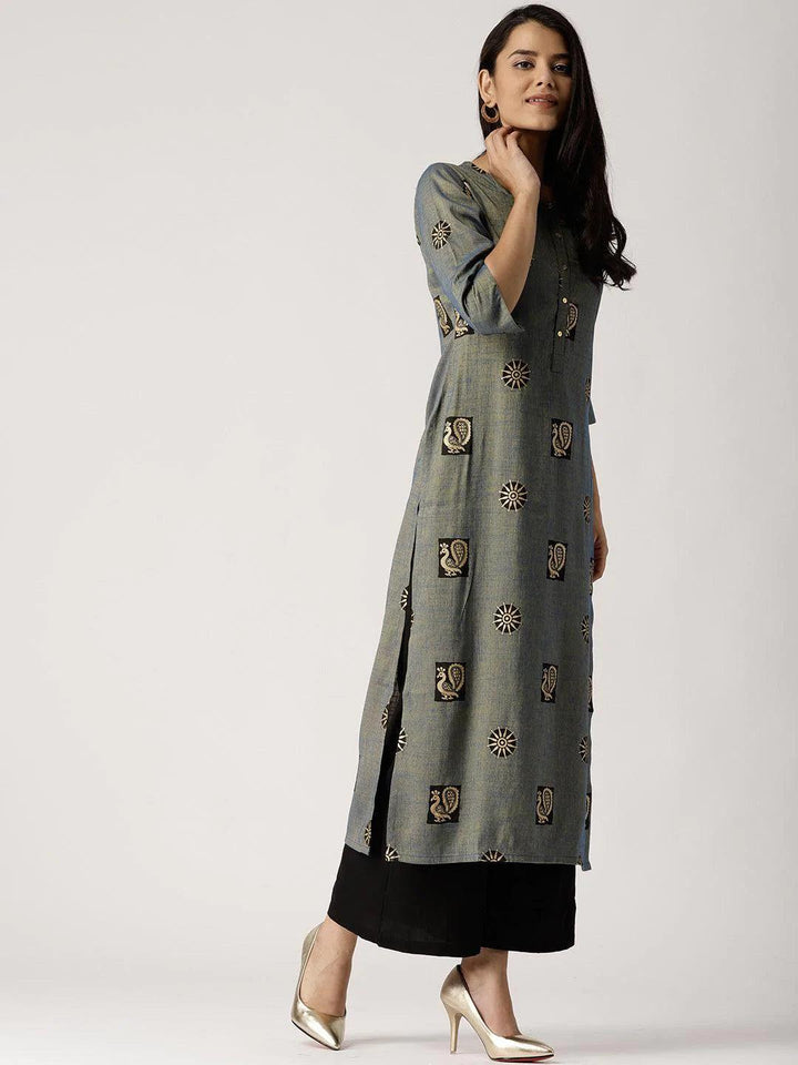 Blue Printed Rayon Kurta
