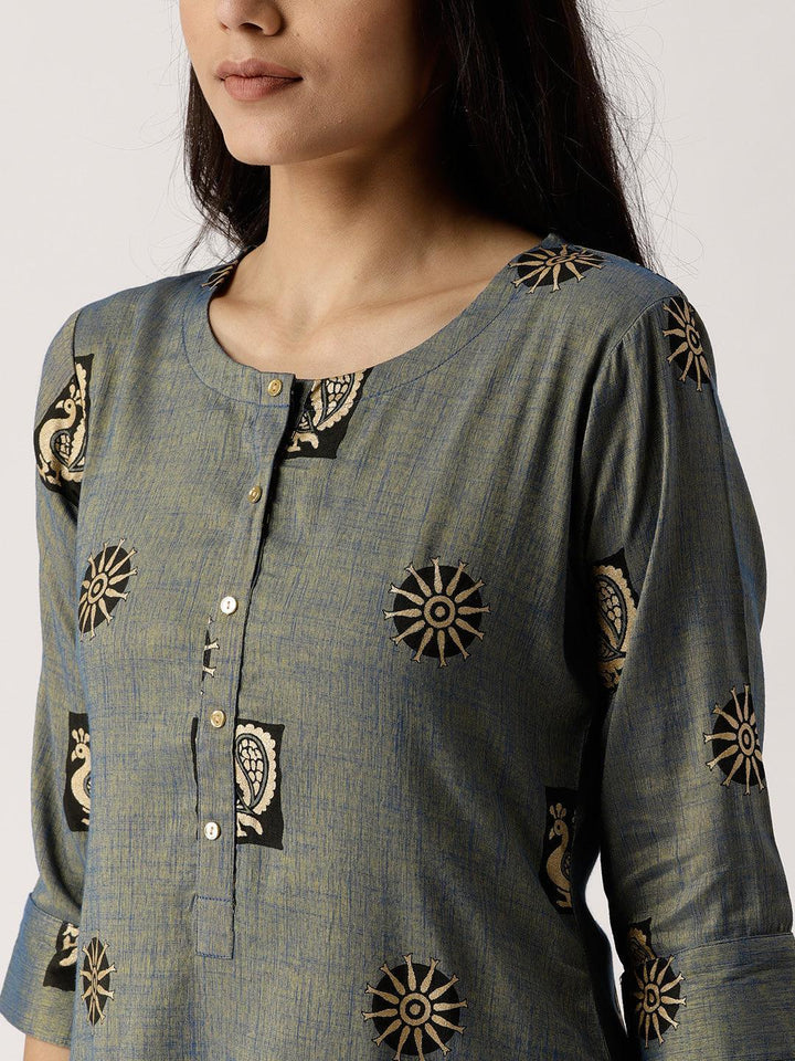 Blue Printed Rayon Kurta
