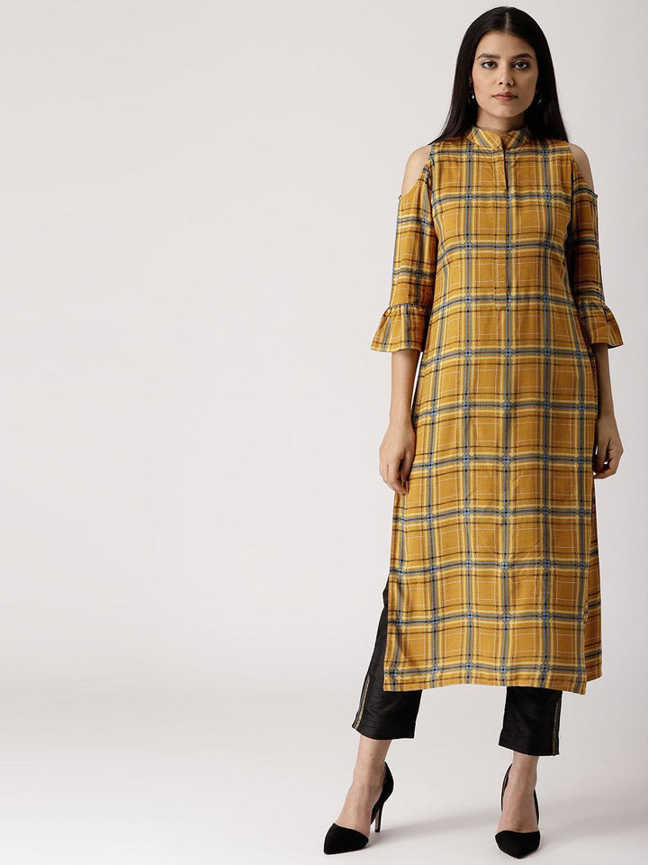 Yellow Checkered Rayon Kurta
