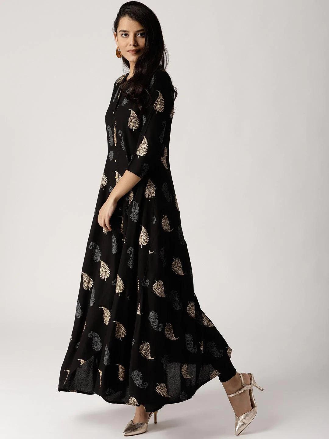 Black Printed Rayon Kurta - ShopLibas