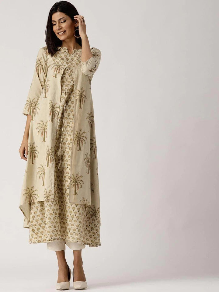 Beige Printed Cotton Kurta With Jacket