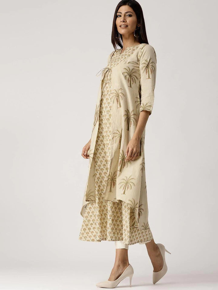 Beige Printed Cotton Kurta With Jacket