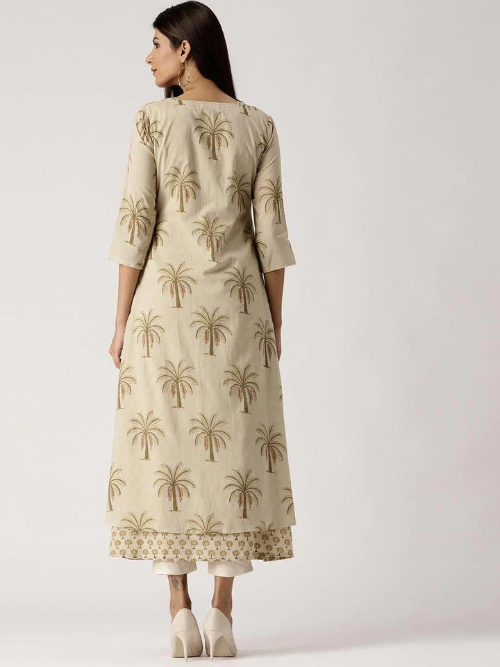 Beige Printed Cotton Kurta With Jacket