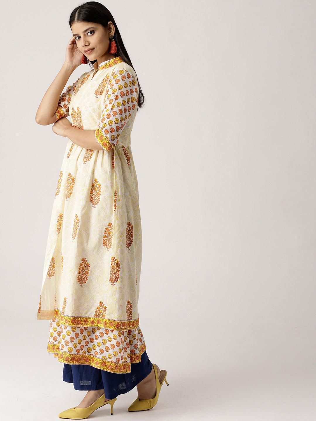 Yellow Printed Cotton Kurta With Jacket - ShopLibas