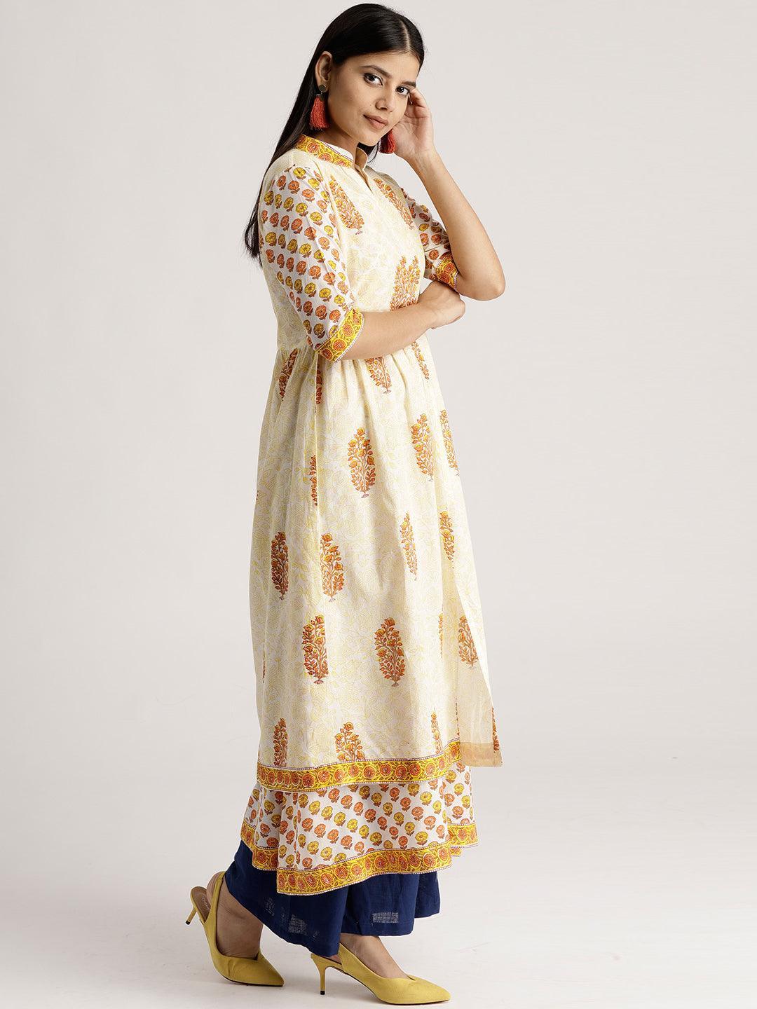 Yellow Printed Cotton Kurta With Jacket - ShopLibas