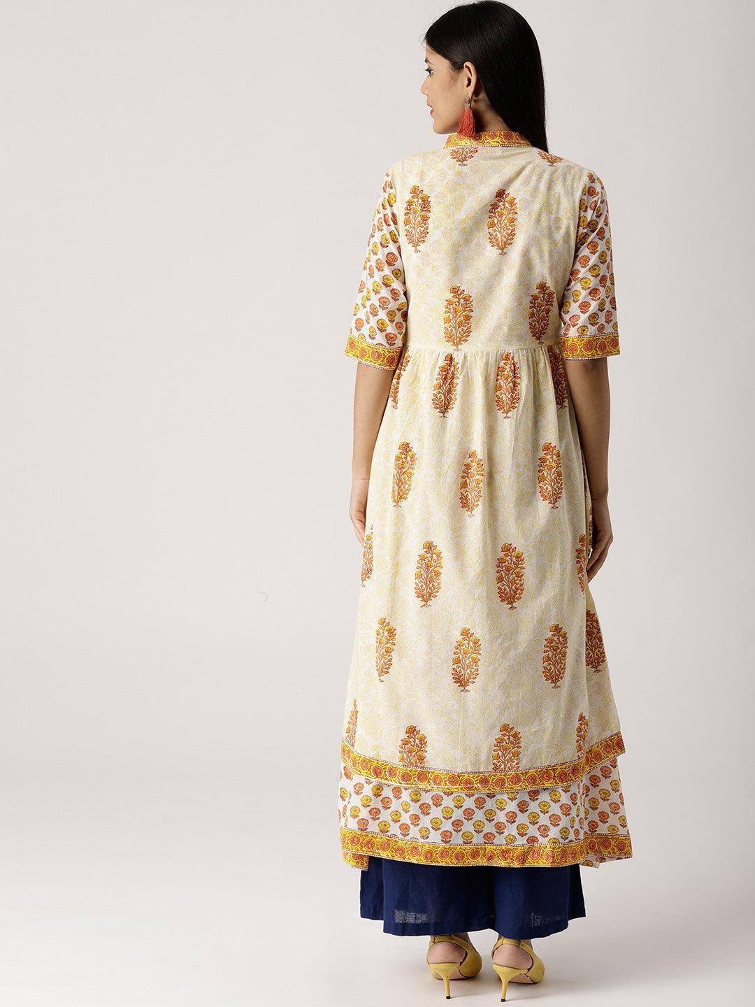 Yellow Printed Cotton Kurta With Jacket - ShopLibas