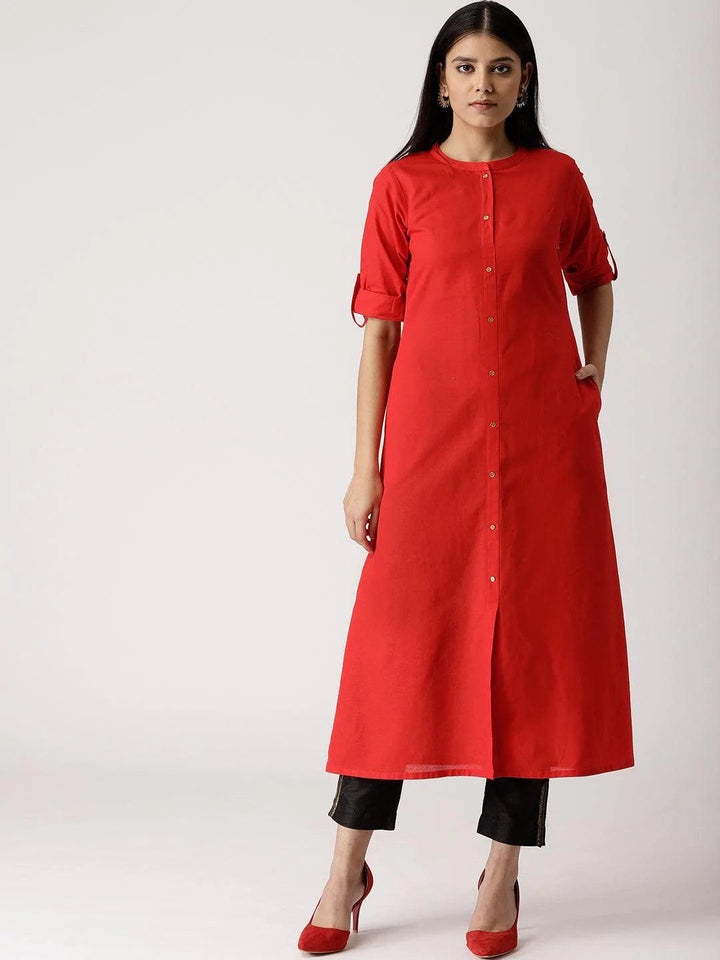 Red Solid Cotton Kurta