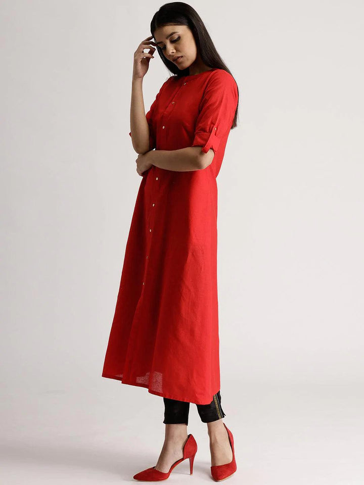 Red Solid Cotton Kurta