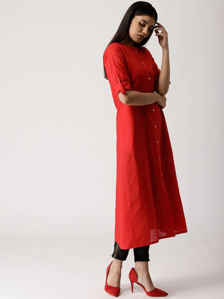 Red Solid Cotton Kurta
