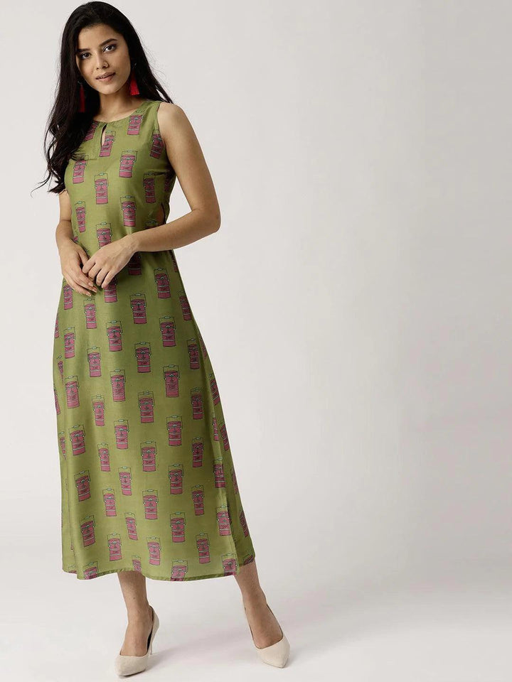 Olive Green Printed Silk Dress