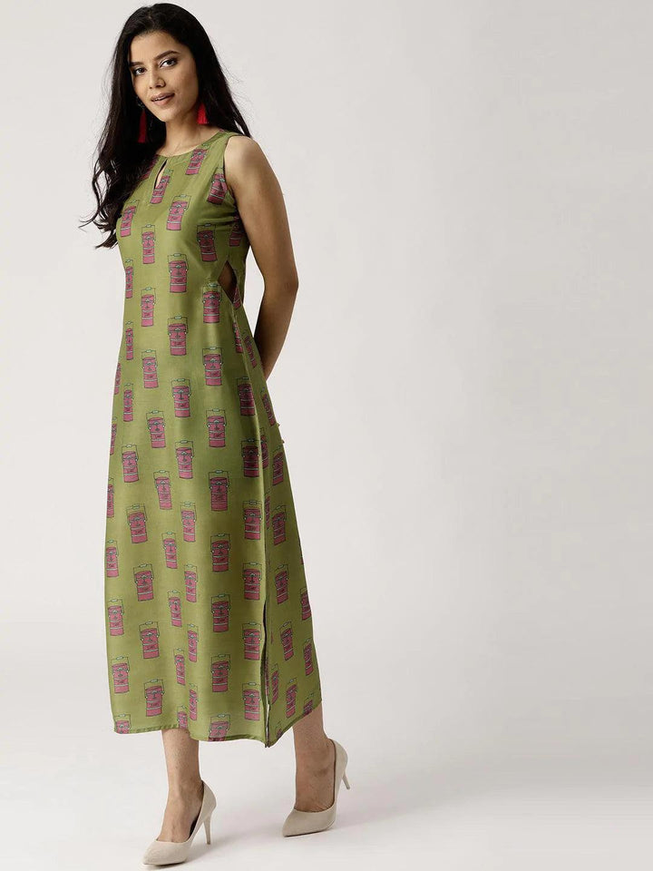 Olive Green Printed Silk Dress
