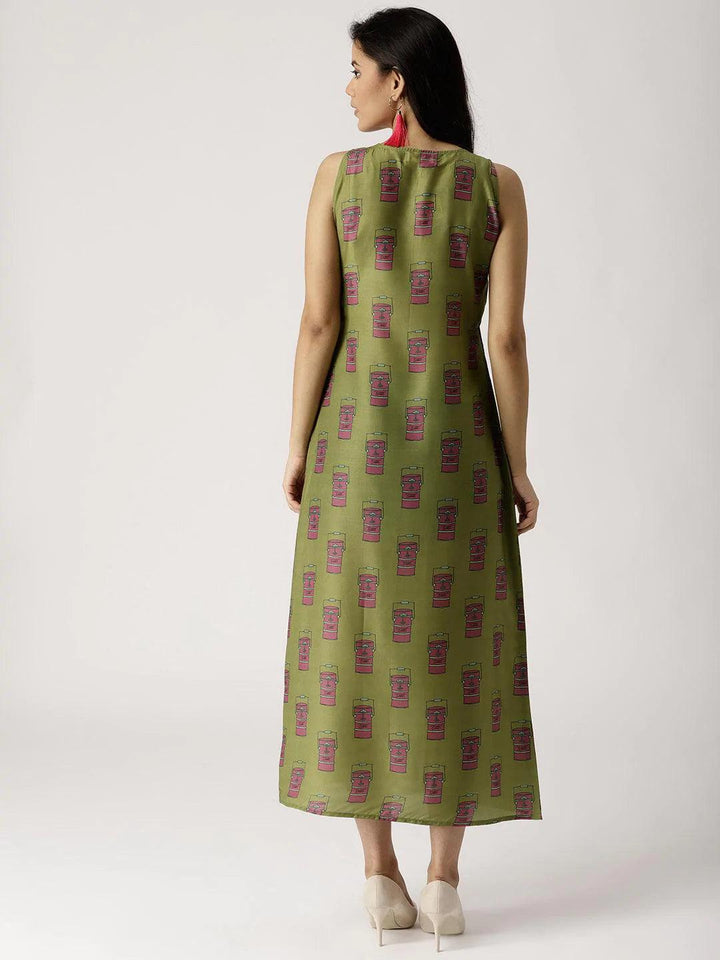 Olive Green Printed Silk Dress