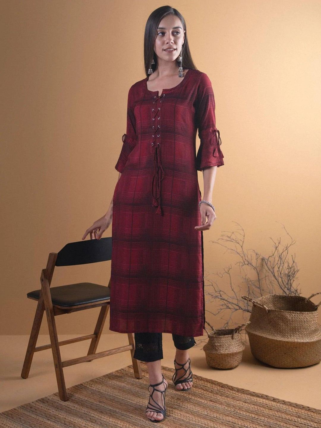 Maroon Checkered Rayon Kurta - ShopLibas