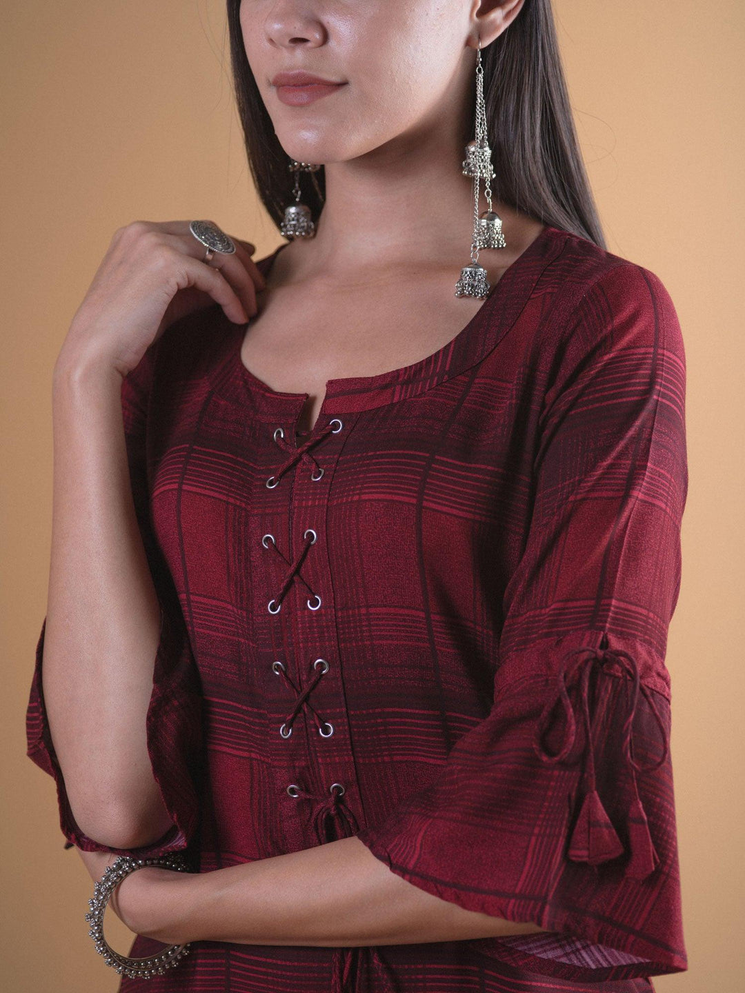 Maroon Checkered Rayon Kurta - ShopLibas