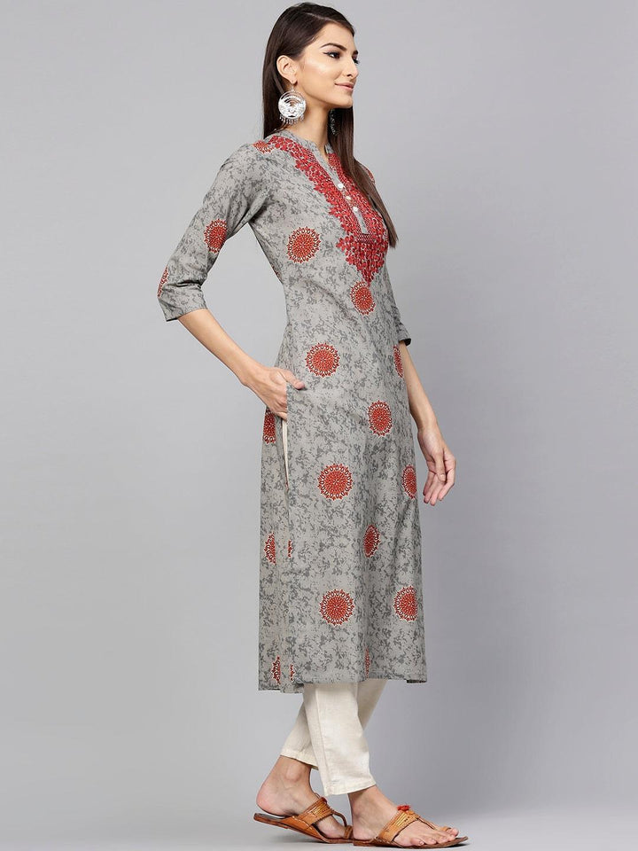 Grey Printed Cotton Kurta