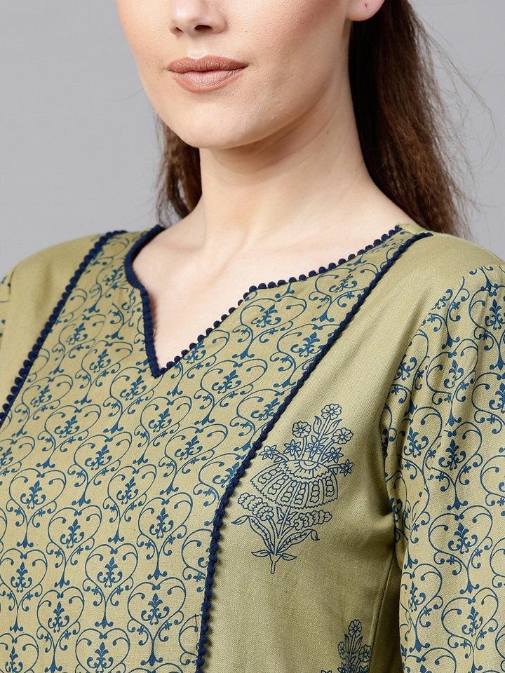 Olive Green Printed Cotton Dress