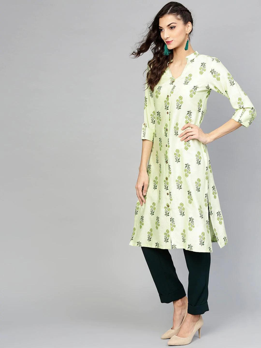 Green Printed Cotton Kurta - ShopLibas