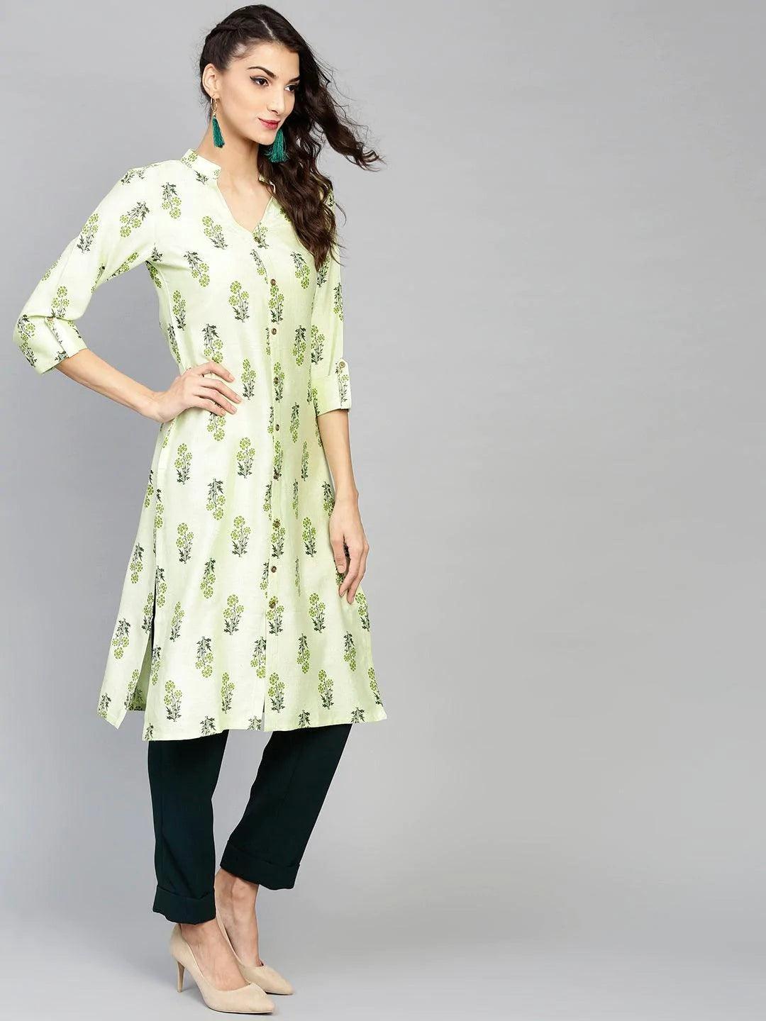 Green Printed Cotton Kurta - ShopLibas