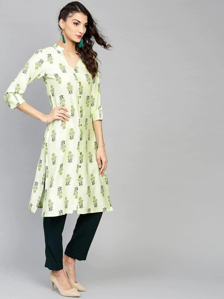 Green Printed Cotton Kurta