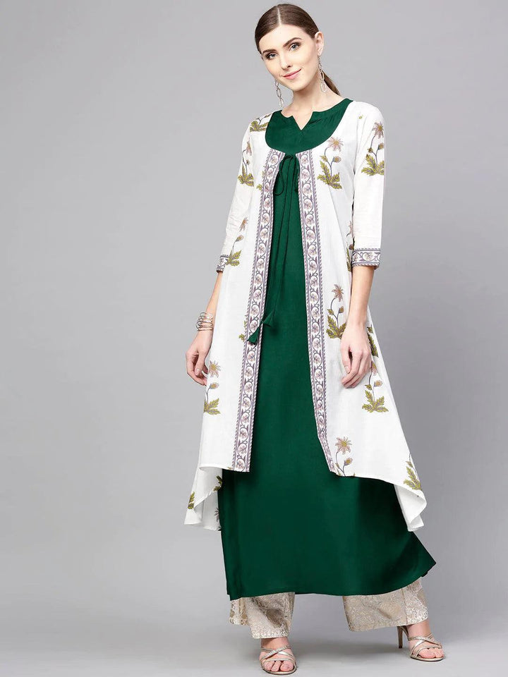 White Printed Cotton Kurta With Jacket