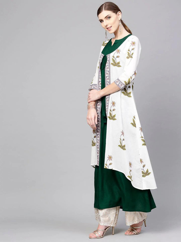 White Printed Cotton Kurta With Jacket