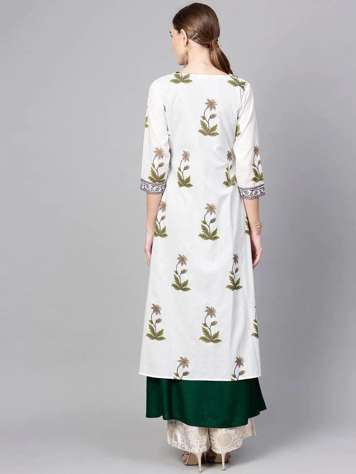 White Printed Cotton Kurta With Jacket