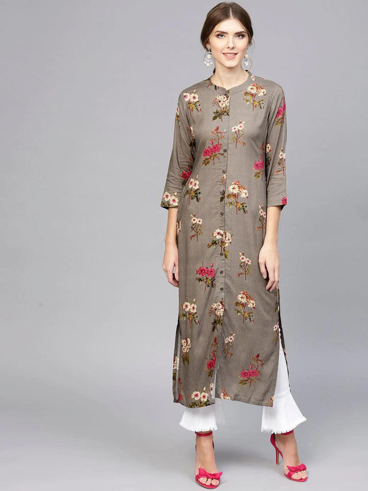 Grey Printed Rayon Kurta
