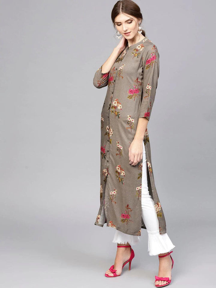 Grey Printed Rayon Kurta