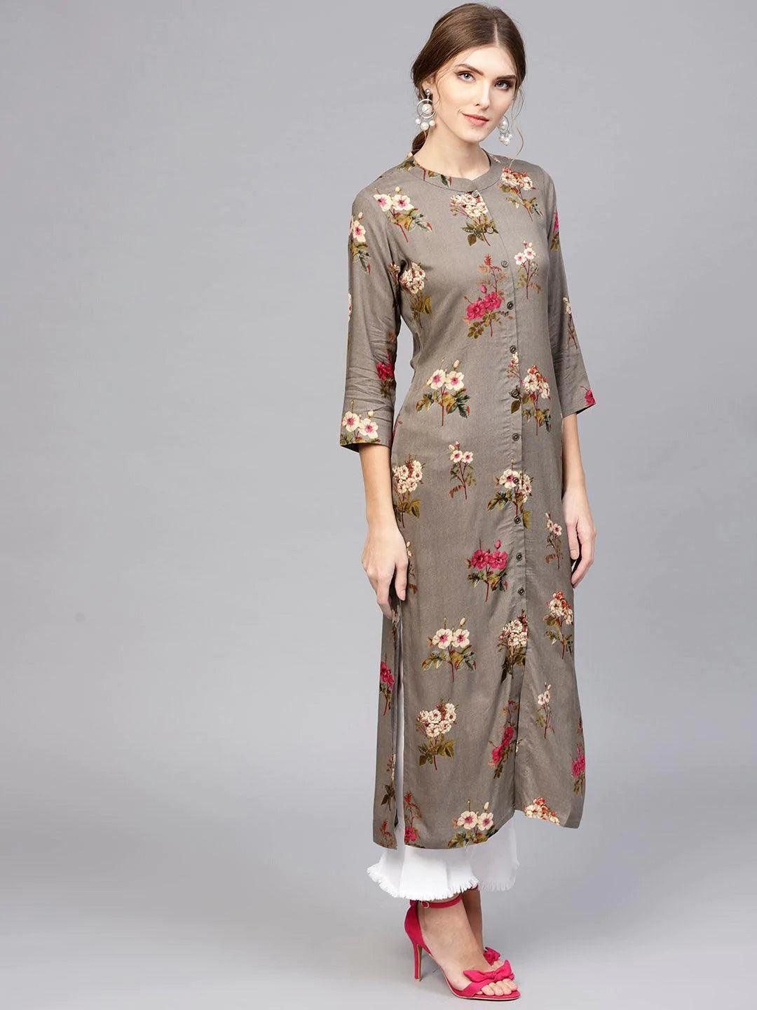 Grey Printed Rayon Kurta - ShopLibas