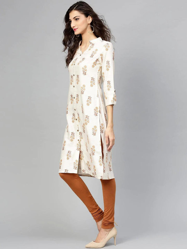 Beige Printed Cotton Kurta